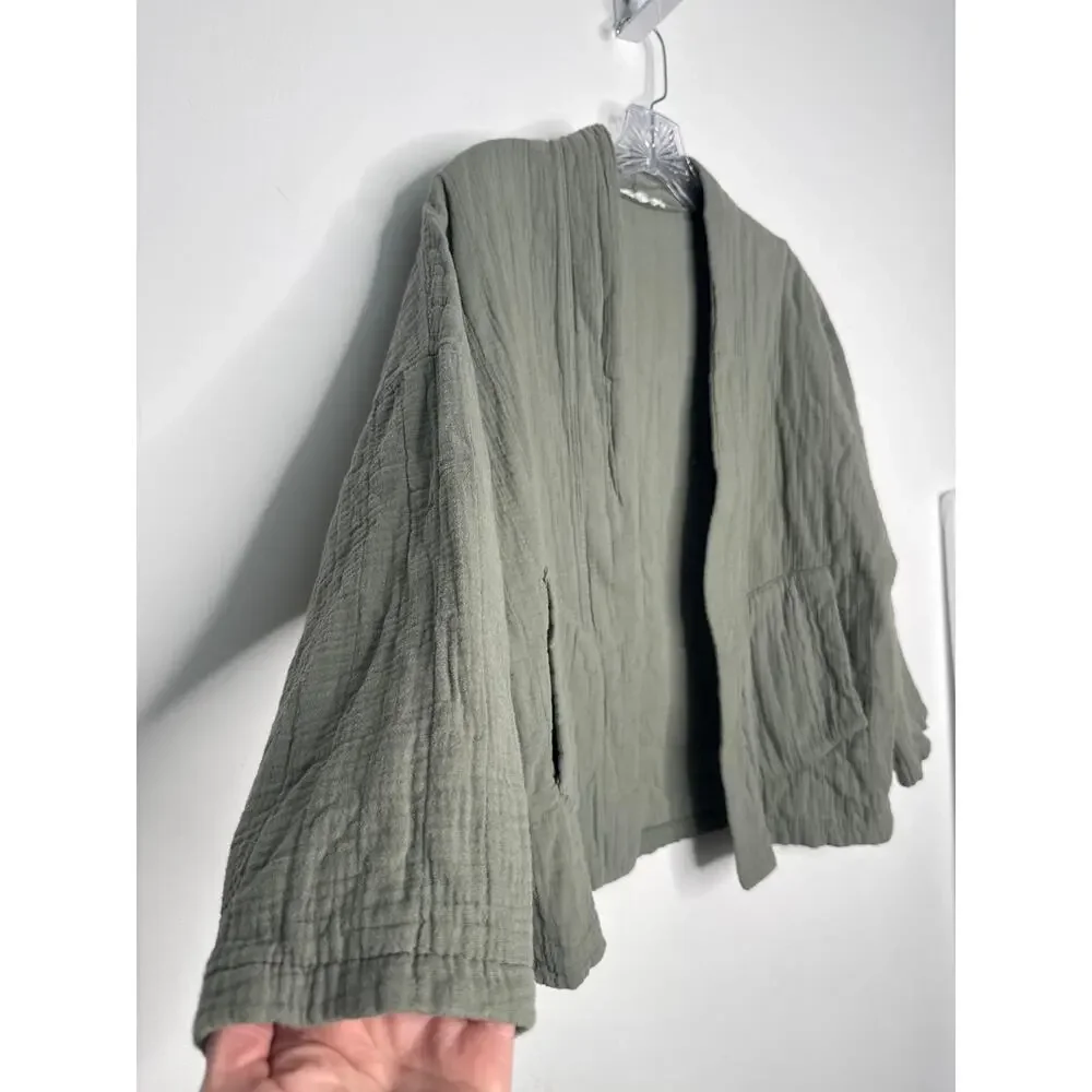 Moonsun Italian Gauze Cotton Olive Open Jacket open front pockets small